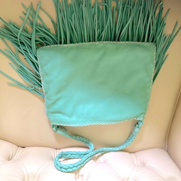 En Shalla Buttery-Soft Aqua Leather Embroidered Boho Handbag w/Fringe - Picture 6 of 6